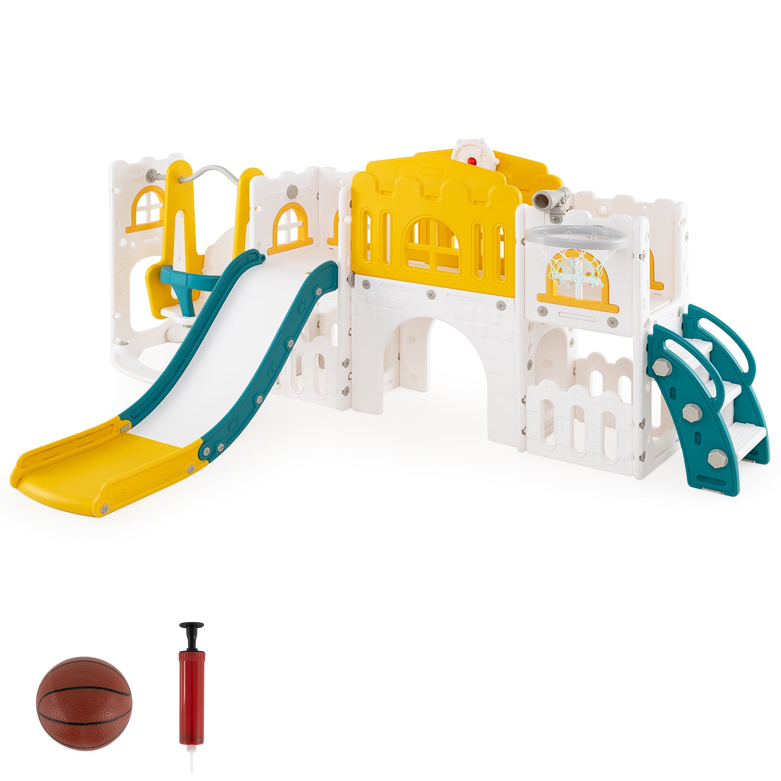 10 in 1 Toddler Swing and Slide Set with Basketball Hoop and Storage Space-Yellow