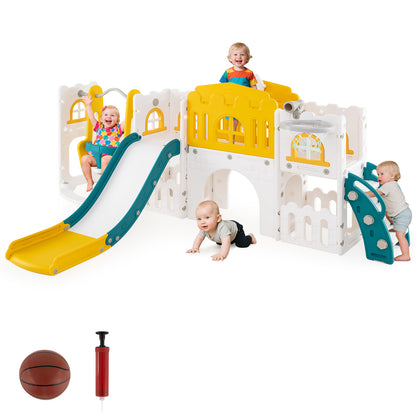 10 in 1 Toddler Swing and Slide Set with Basketball Hoop and Storage Space-Yellow
