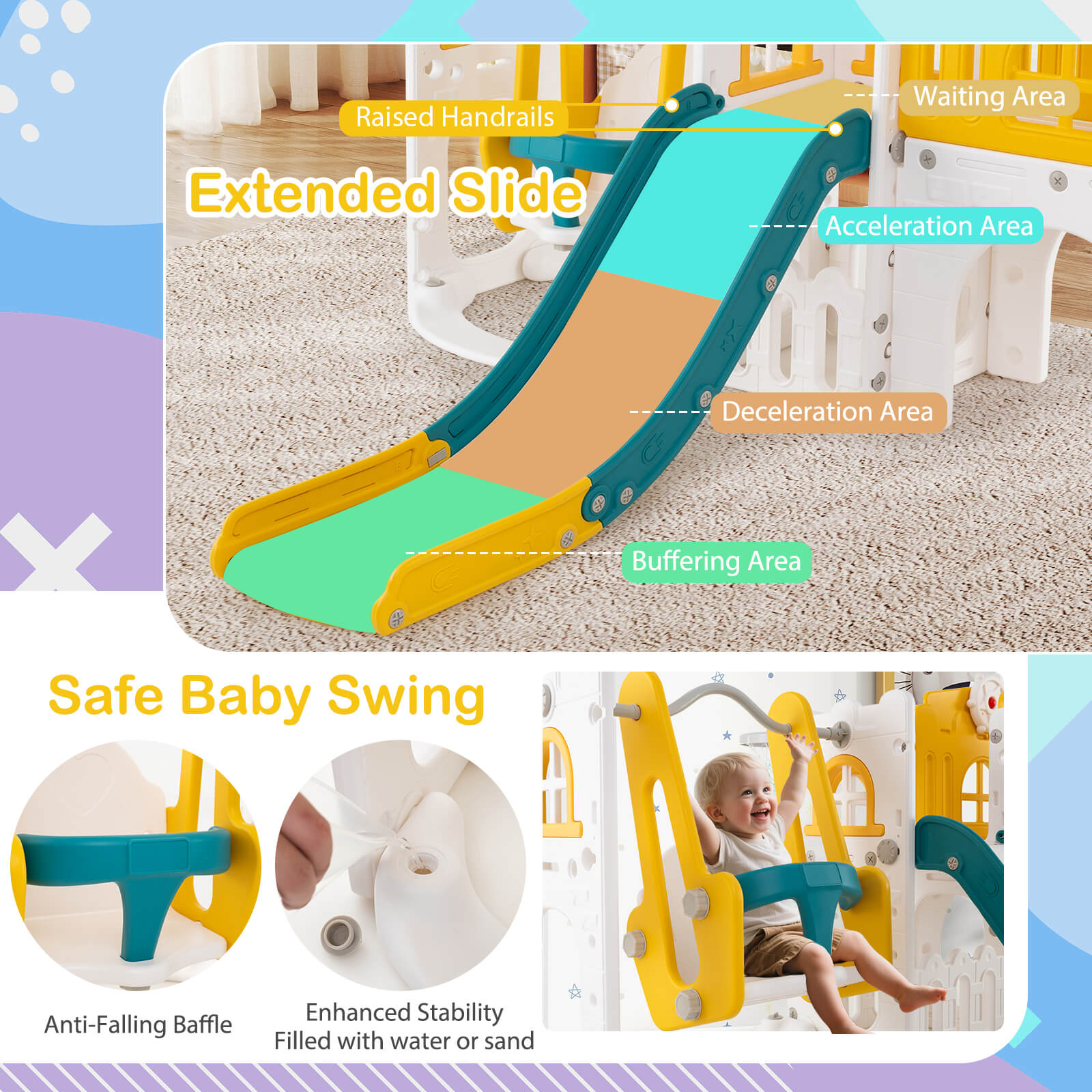 10 in 1 Toddler Swing and Slide Set with Basketball Hoop and Storage Space-Yellow