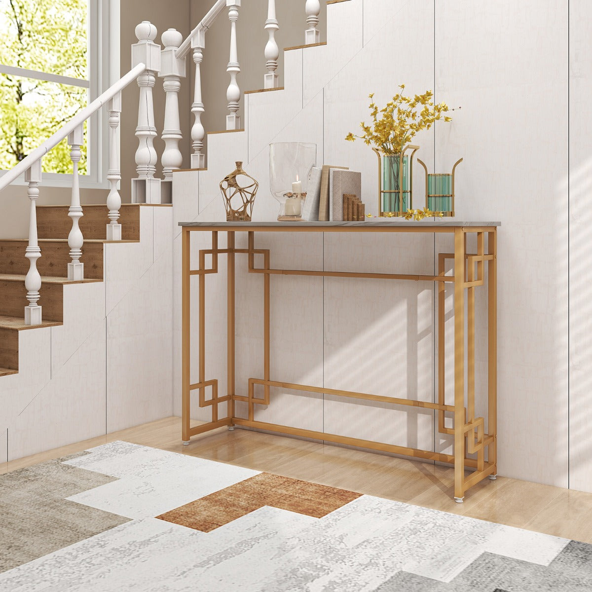 110 cm Console Table with Geometric Frame & Faux Marble Tabletop