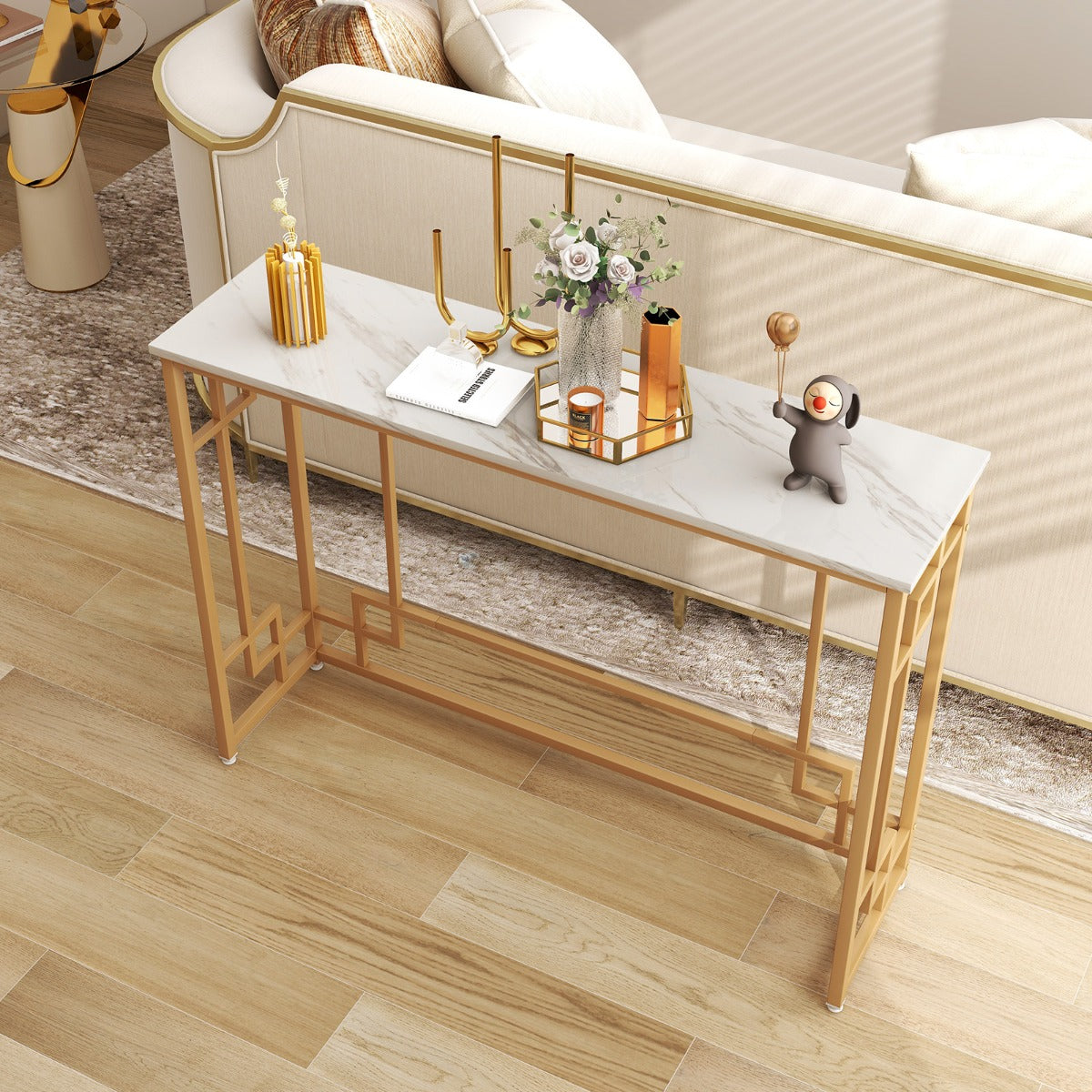110 cm Console Table with Geometric Frame & Faux Marble Tabletop