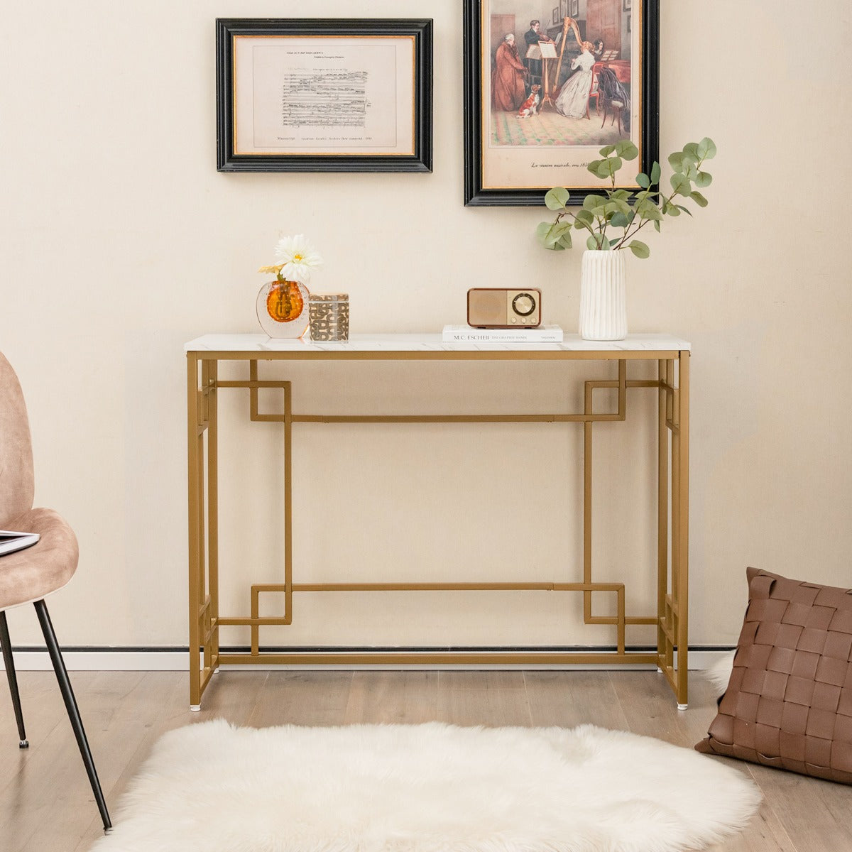110 cm Console Table with Geometric Frame & Faux Marble Tabletop
