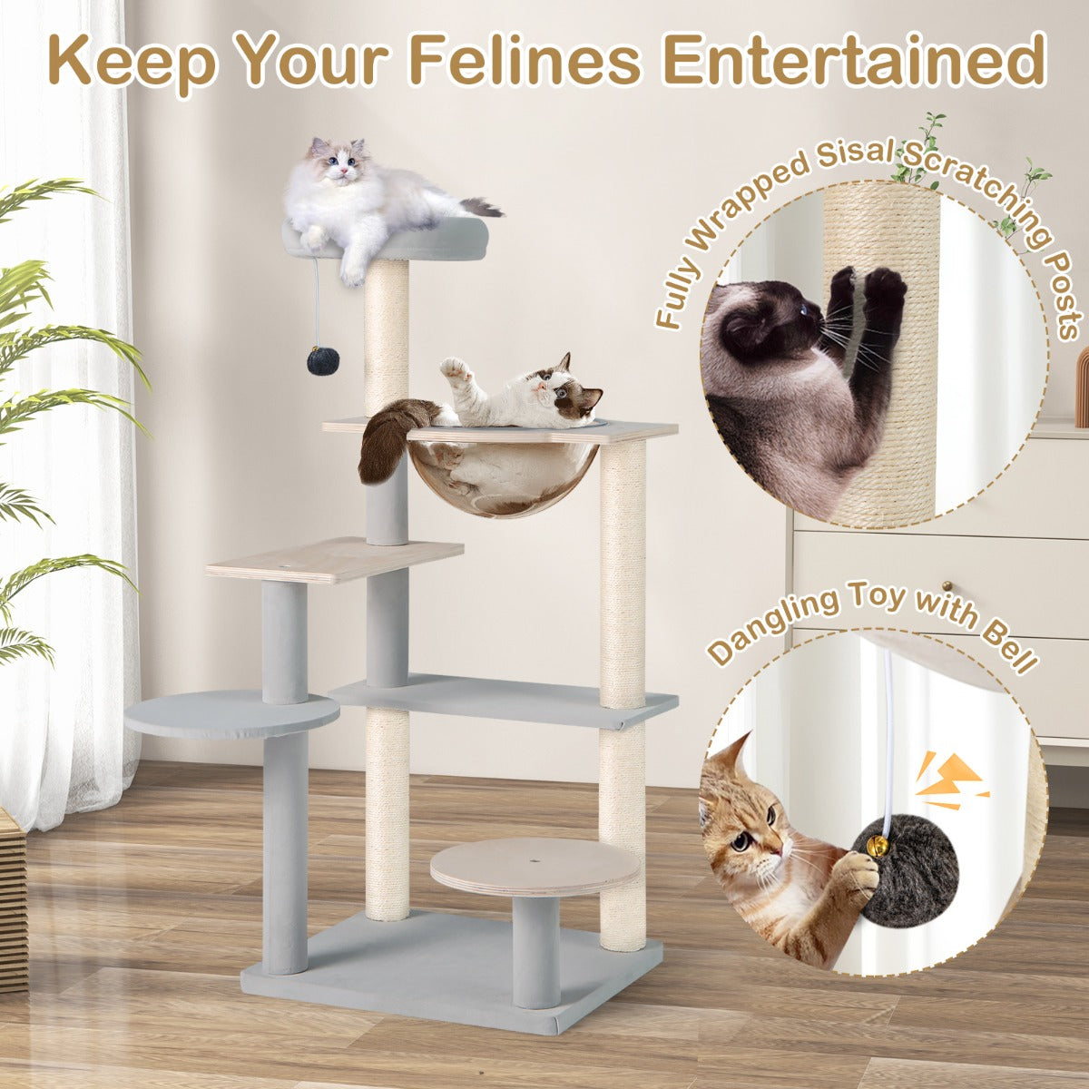 113 cm Multi-level Modern Cat Tree with Removable Padded Top Perch-Natural