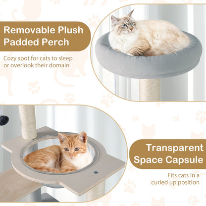 113 cm Multi-level Modern Cat Tree with Removable Padded Top Perch-Natural