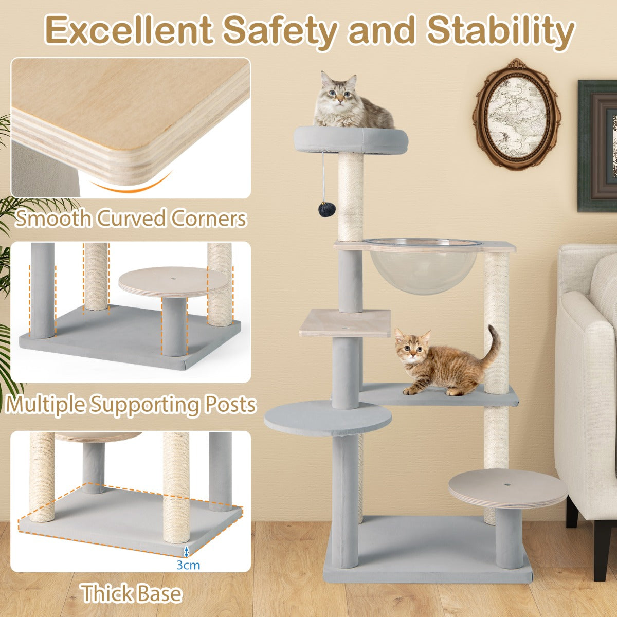 113 cm Multi-level Modern Cat Tree with Removable Padded Top Perch-Natural