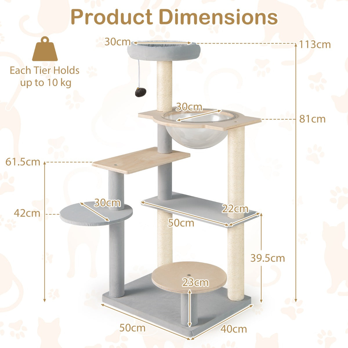 113 cm Multi-level Modern Cat Tree with Removable Padded Top Perch-Natural