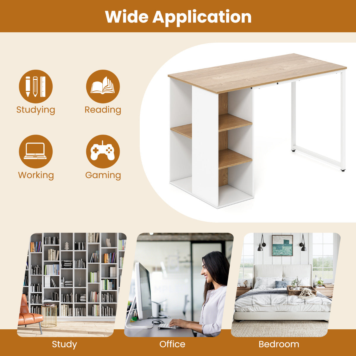 115 cm Computer Desk with 5 Storage Compartments-Natural