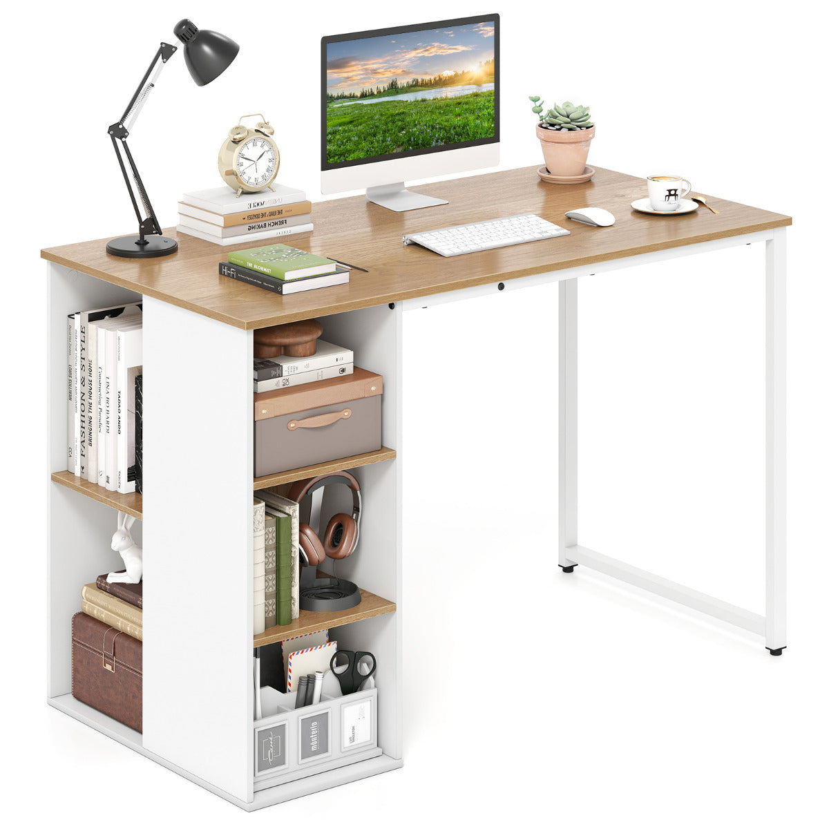 115 cm Computer Desk with 5 Storage Compartments-Natural