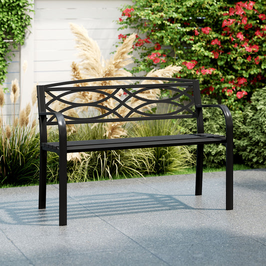 116 cm Heavy-Duty Metal Patio Garden Bench with Backrest for 2 People-Black