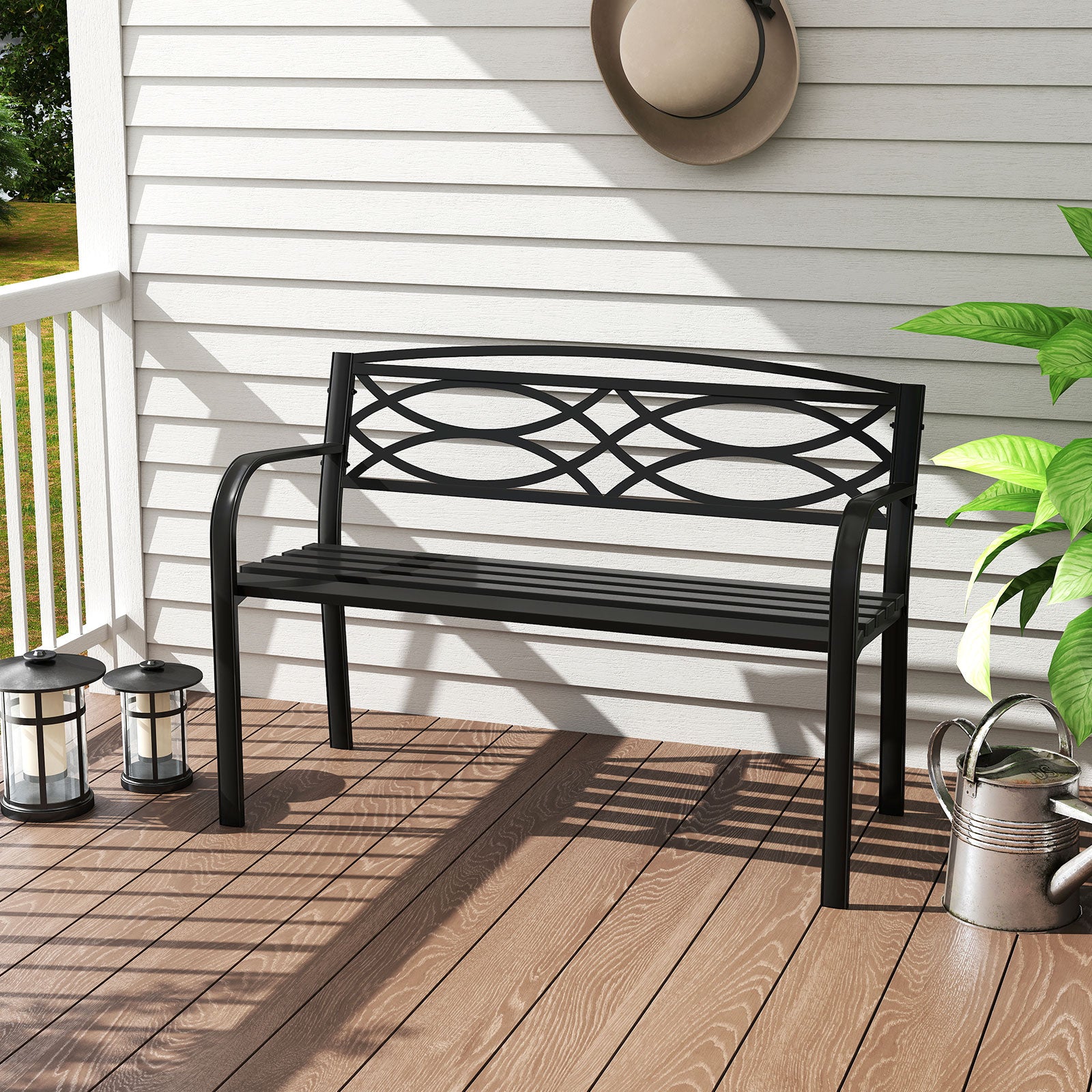 116 cm Heavy-Duty Metal Patio Garden Bench with Backrest for 2 People-Black
