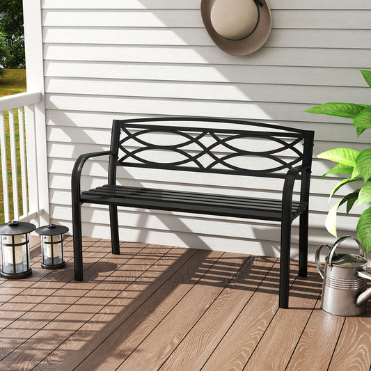 116 cm Heavy-Duty Metal Patio Garden Bench with Backrest for 2 People-Black