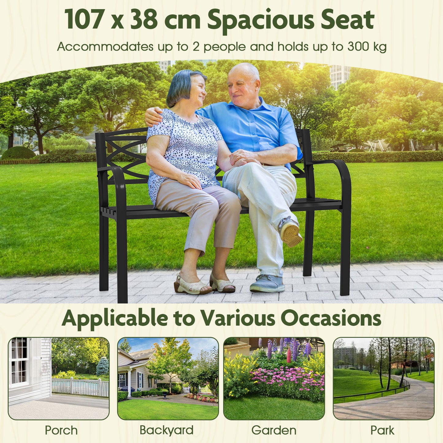 116 cm Heavy-Duty Metal Patio Garden Bench with Backrest for 2 People-Black