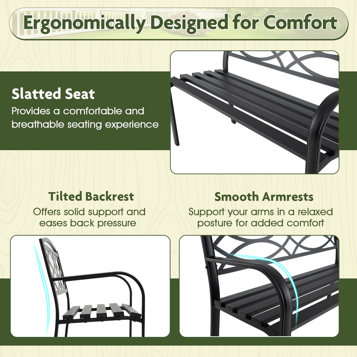 116 cm Heavy-Duty Metal Patio Garden Bench with Backrest for 2 People-Black