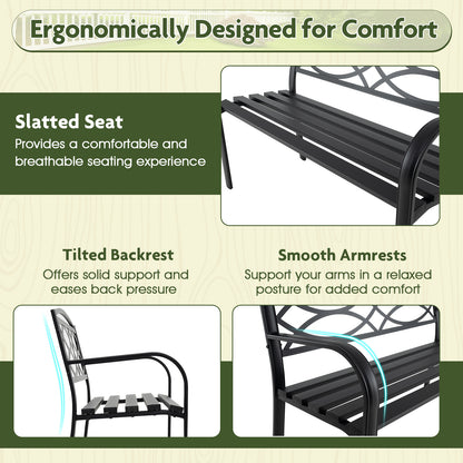 116 cm Heavy-Duty Metal Patio Garden Bench with Backrest for 2 People-Black