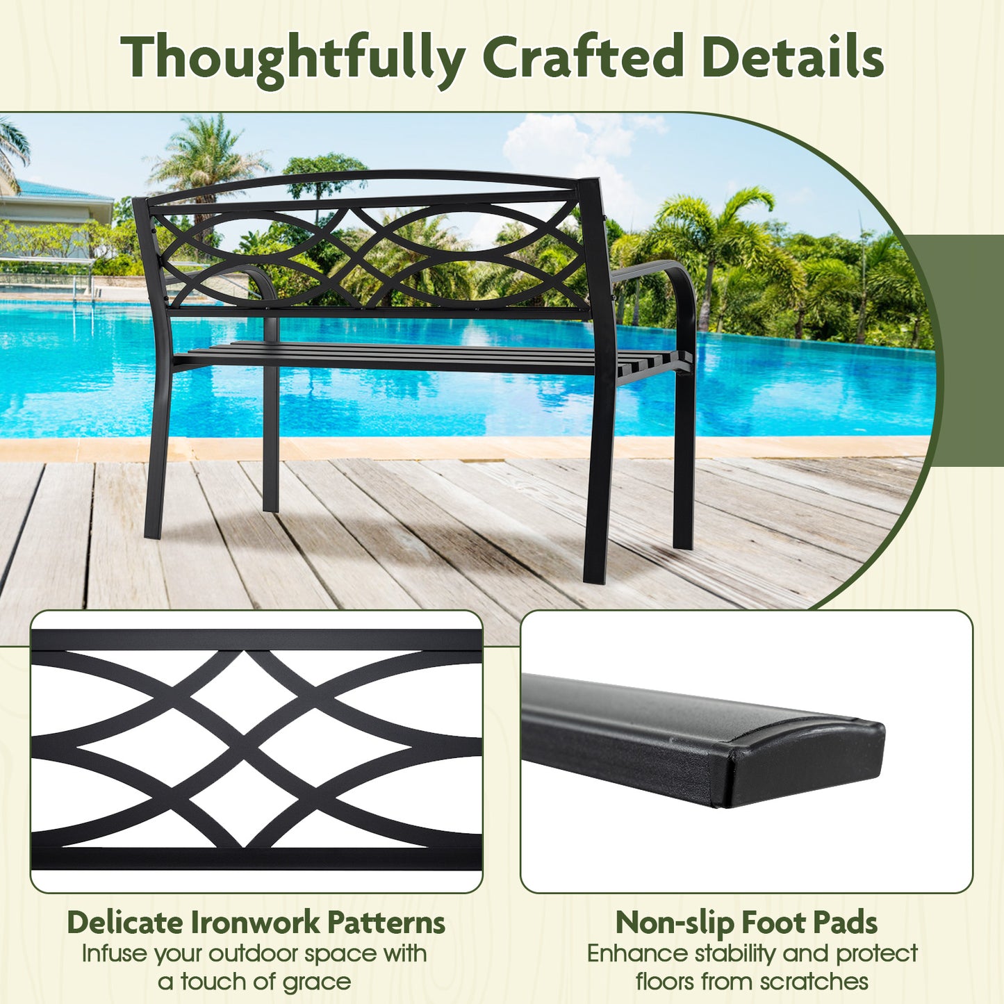 116 cm Heavy-Duty Metal Patio Garden Bench with Backrest for 2 People-Black
