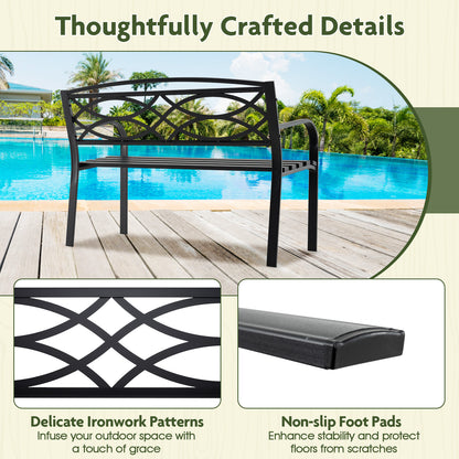 116 cm Heavy-Duty Metal Patio Garden Bench with Backrest for 2 People-Black