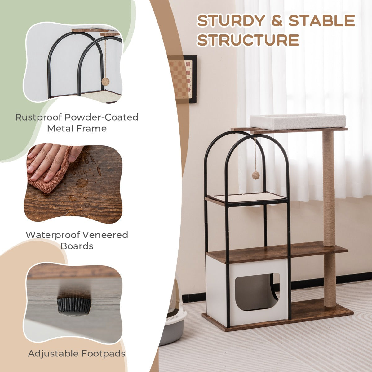 118 cm Cat Tree Tower with Metal Frame and Plush Bed - White