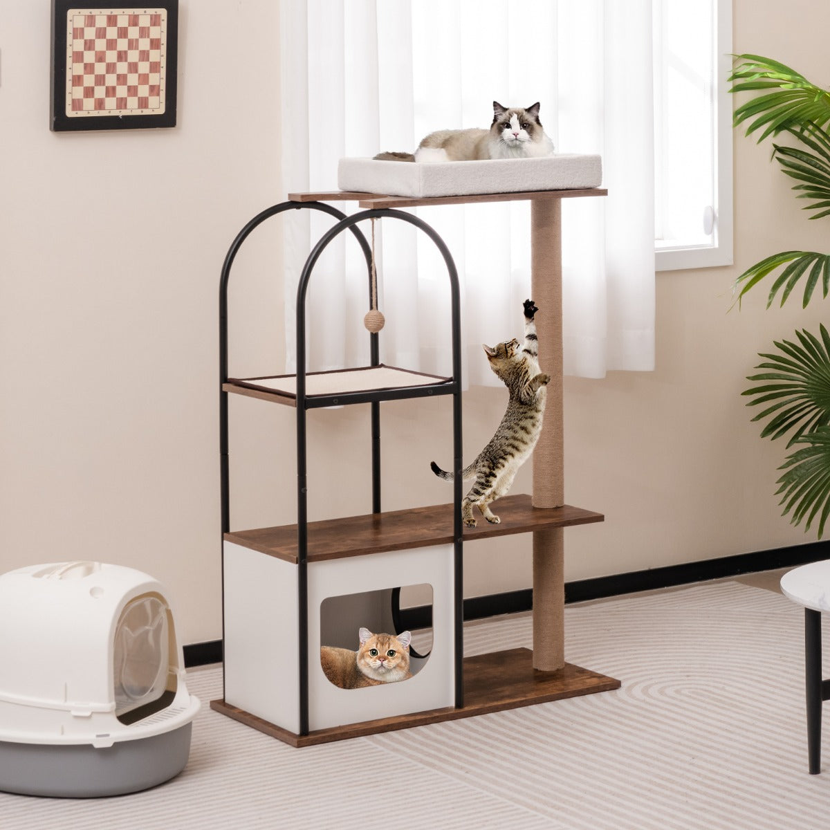118 cm Cat Tree Tower with Metal Frame and Plush Bed - White
