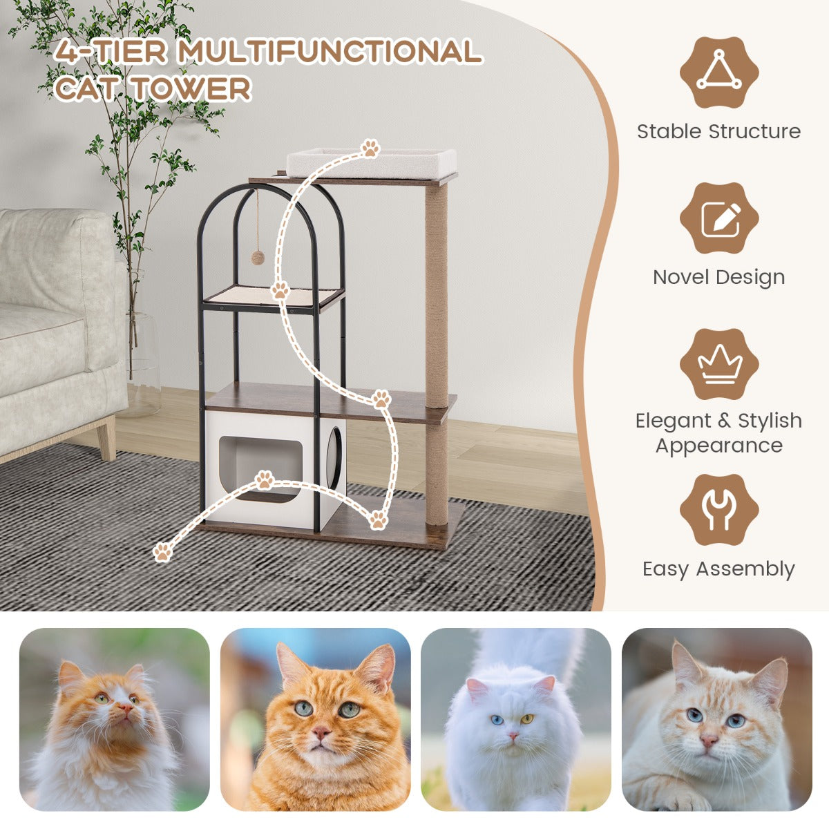 118 cm Cat Tree Tower with Metal Frame and Plush Bed - White