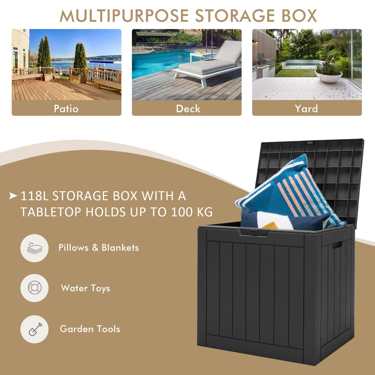 118L Outdoor Storage Box, Multipurpose Weatherproof Container, Black