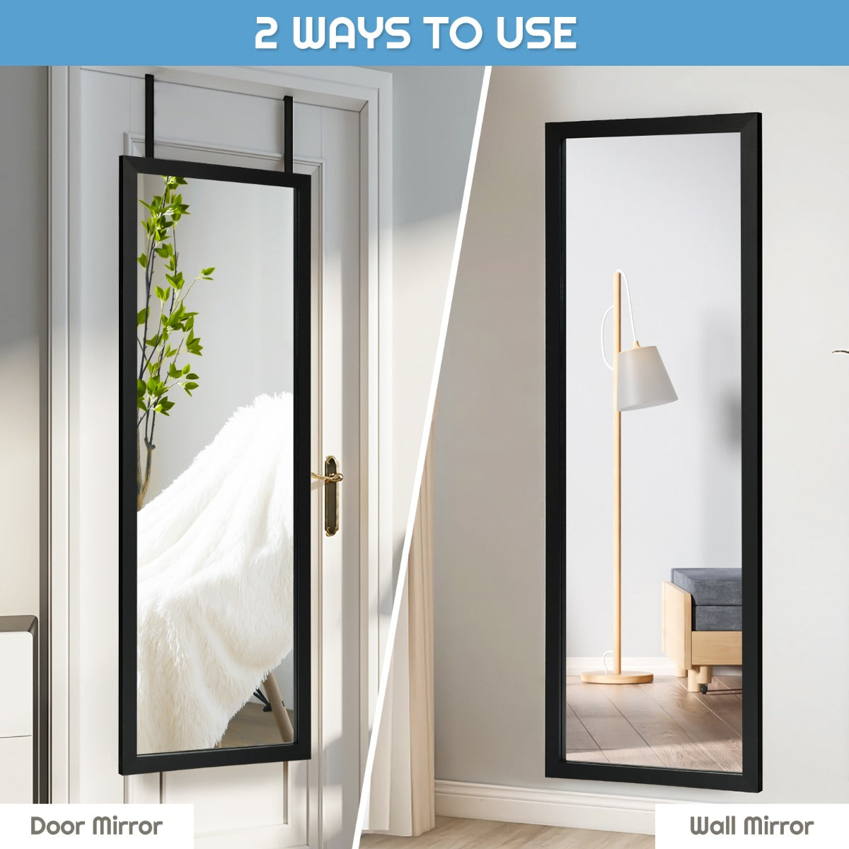 Wall Mounted Dressing Mirror with Hanging Hooks for Bedroom Black