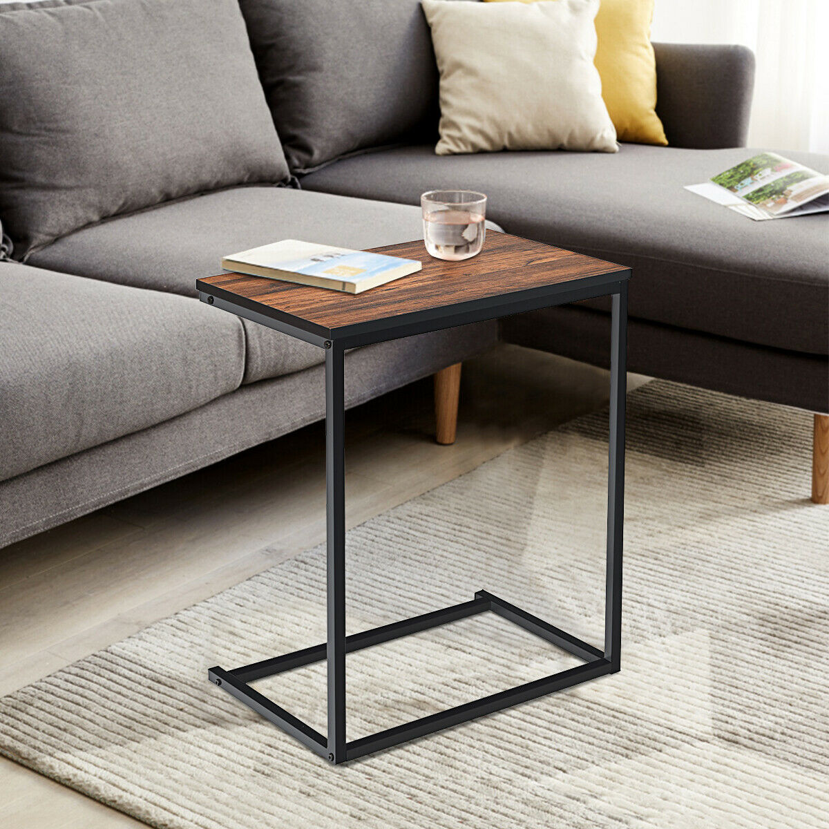 Costway Industrial Styled C Shaped Side, End Table-Brown