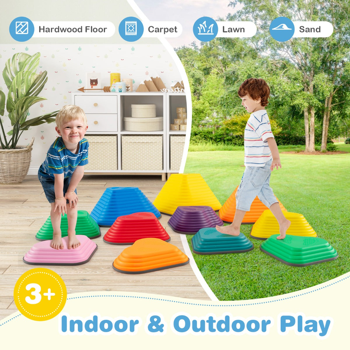 11 Pieces Indoor and Outdoor Balance Stepping Stones for Kids-Colourful