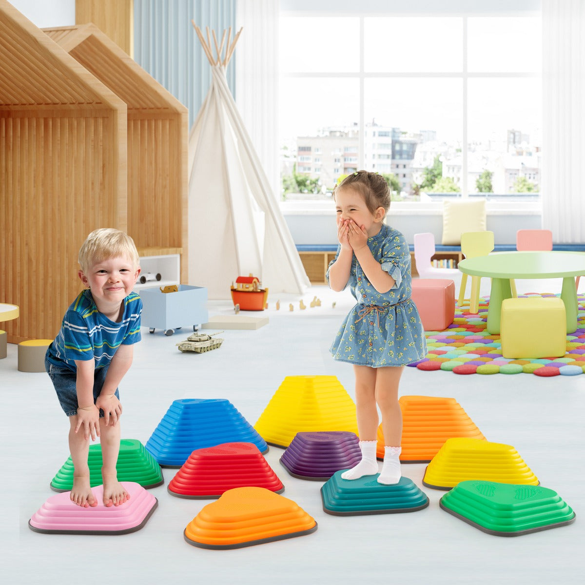 11 Pieces Indoor and Outdoor Balance Stepping Stones for Kids-Colourful