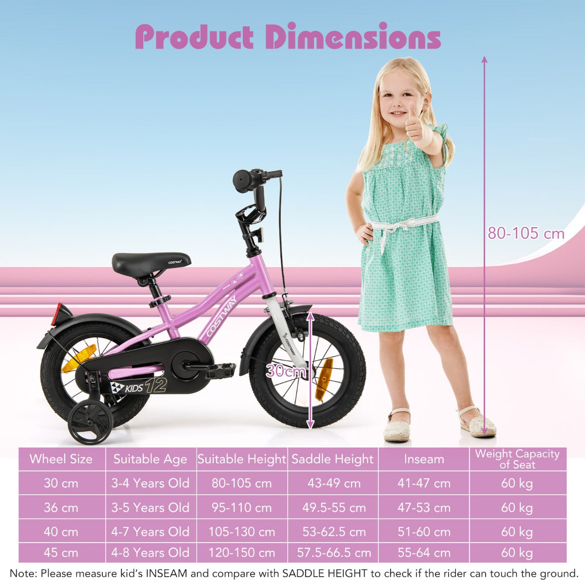 12-18 Inch Kids Bike Adjustable with Removable Training Wheels for Aged 3-8-Purple-12 inches