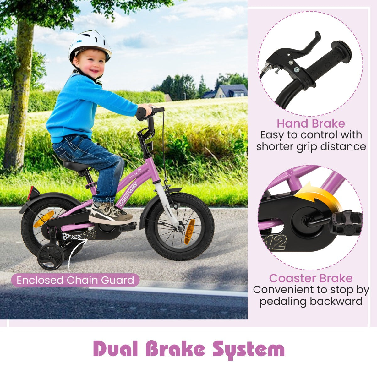 12-18 Inch Kids Bike Adjustable with Removable Training Wheels for Aged 3-8-Purple-12 inches