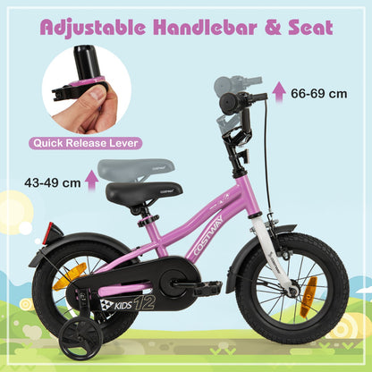 12-18 Inch Kids Bike Adjustable with Removable Training Wheels for Aged 3-8-Purple-12 inches