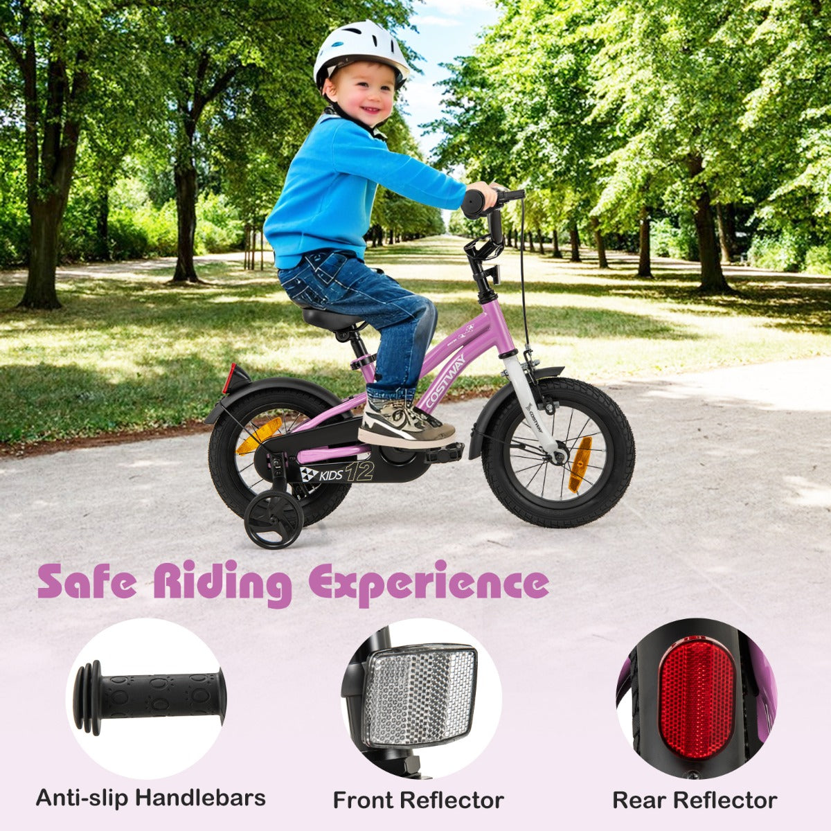 12-18 Inch Kids Bike Adjustable with Removable Training Wheels for Aged 3-8-Purple-12 inches