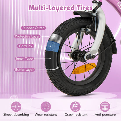 12-18 Inch Kids Bike Adjustable with Removable Training Wheels for Aged 3-8-Purple-12 inches