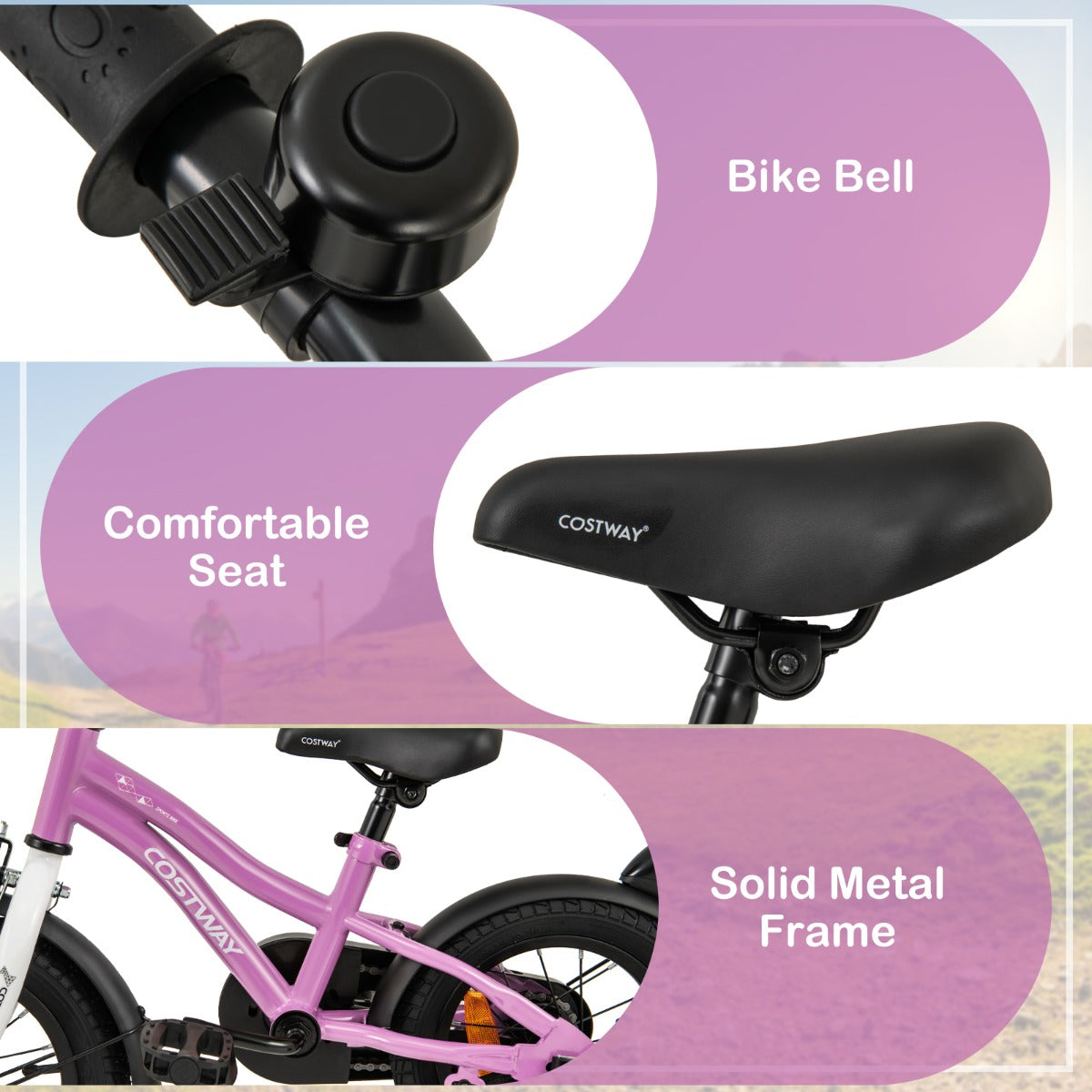 12-18 Inch Kids Bike Adjustable with Removable Training Wheels for Aged 3-8-Purple-12 inches