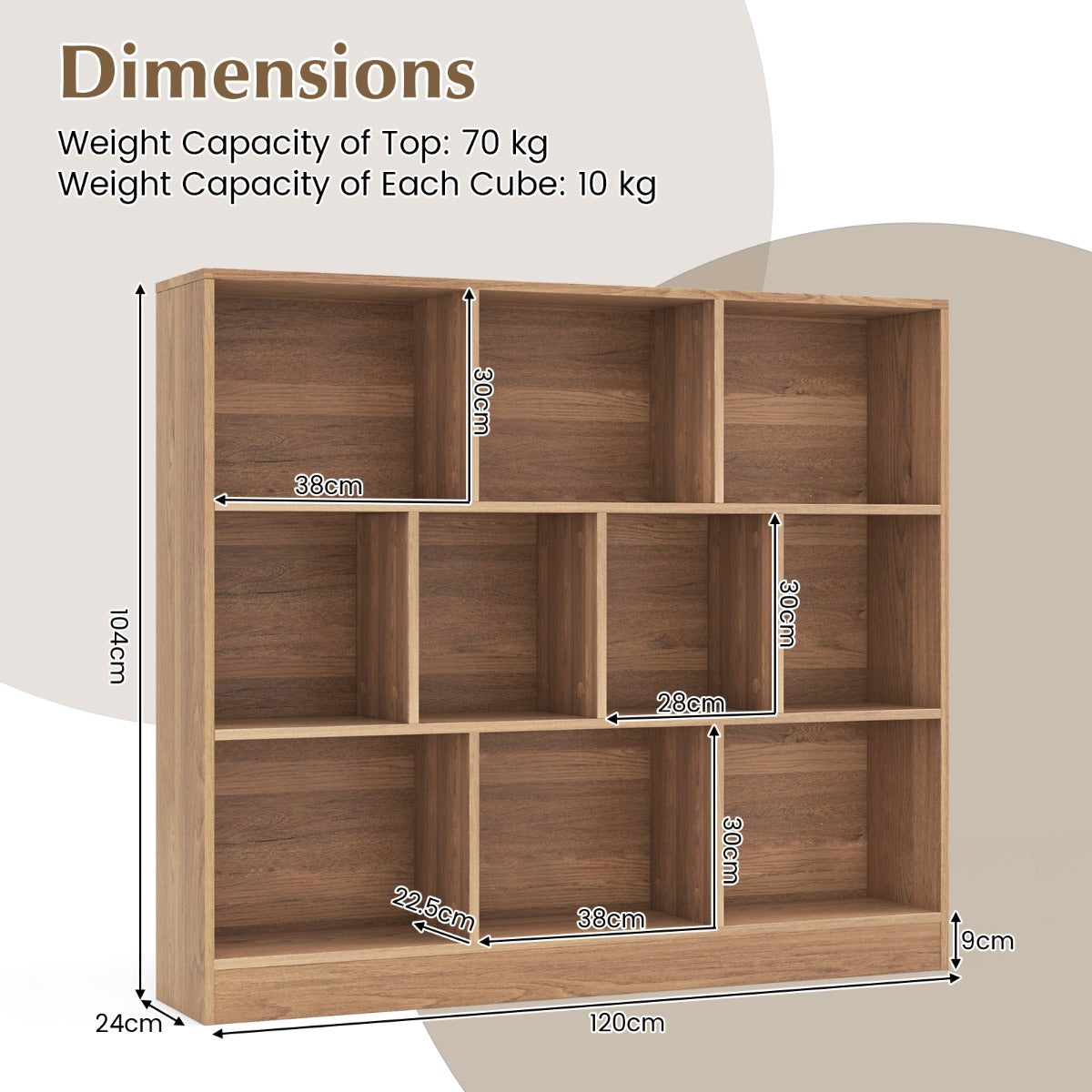 10-Cube 3-Tier Freestanding Bookshelf with Anti-Tipping Kits, Natural Finish