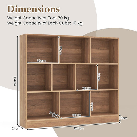 10-Cube 3-Tier Freestanding Bookshelf with Anti-Tipping Kits, Natural Finish