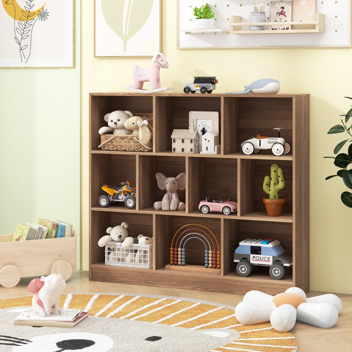 10-Cube 3-Tier Freestanding Bookshelf with Anti-Tipping Kits, Natural Finish