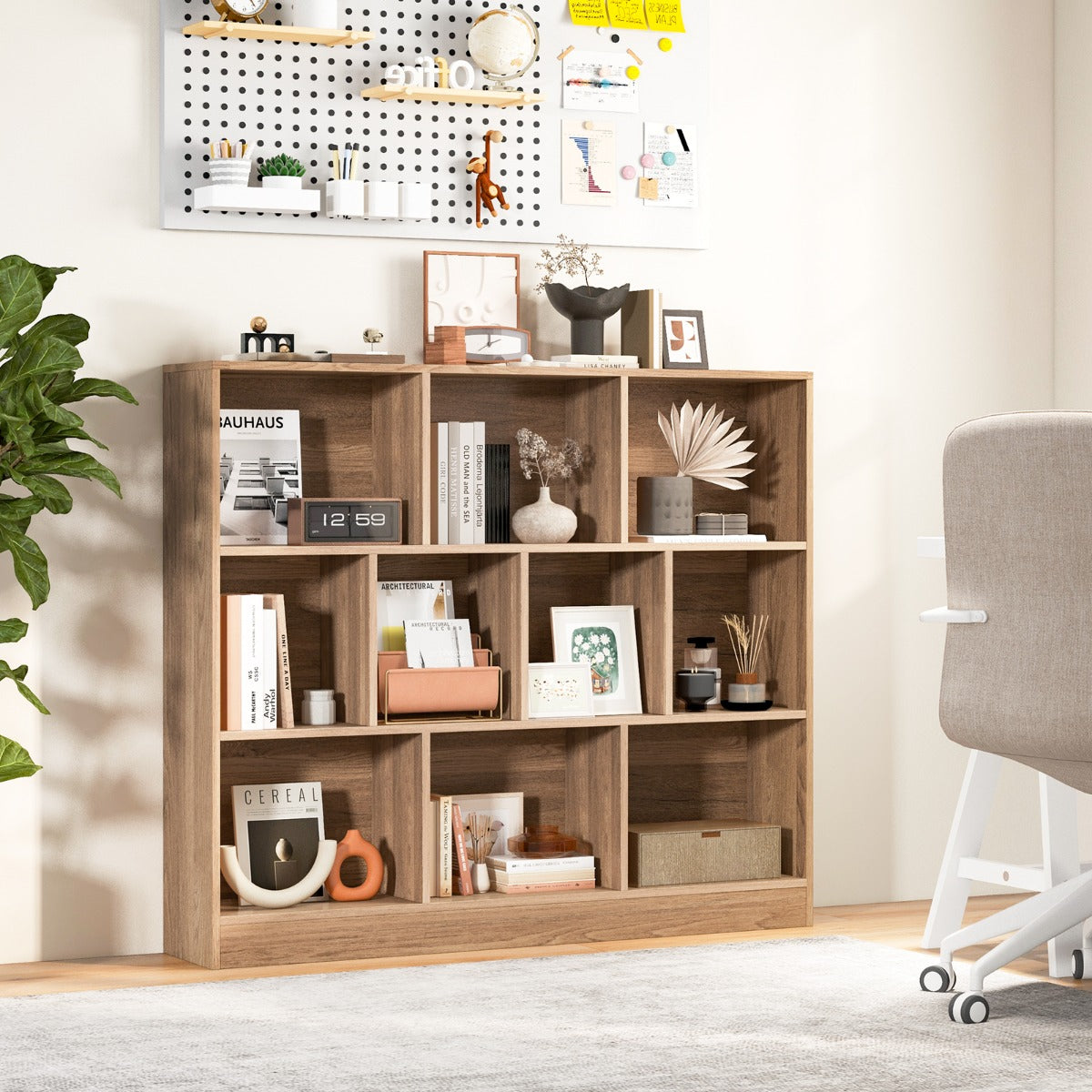 10-Cube 3-Tier Freestanding Bookshelf with Anti-Tipping Kits, Natural Finish
