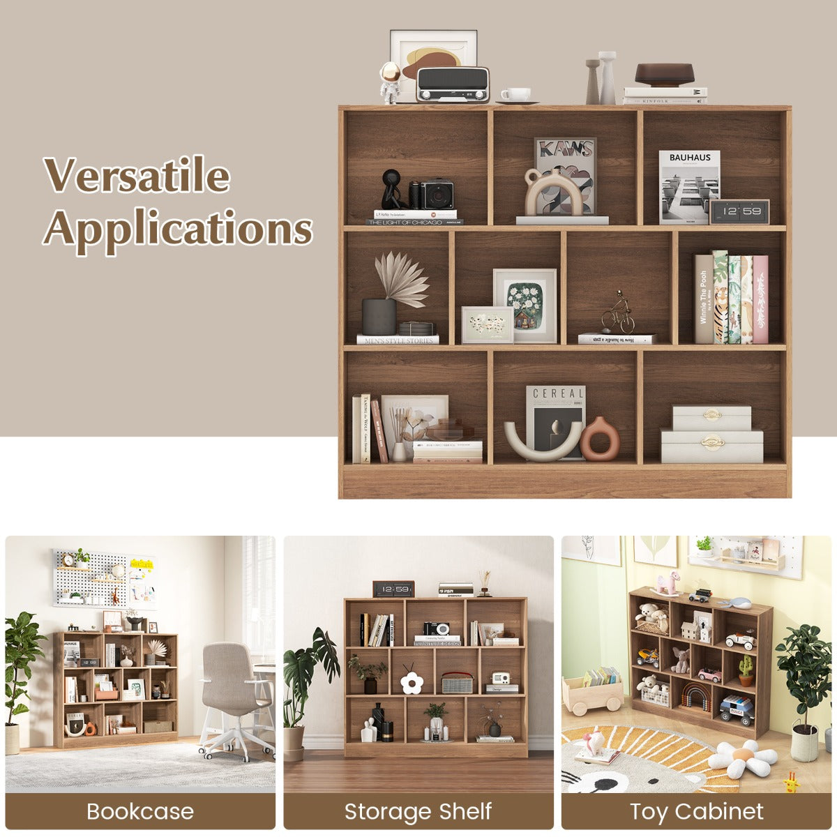 10-Cube 3-Tier Freestanding Bookshelf with Anti-Tipping Kits, Natural Finish