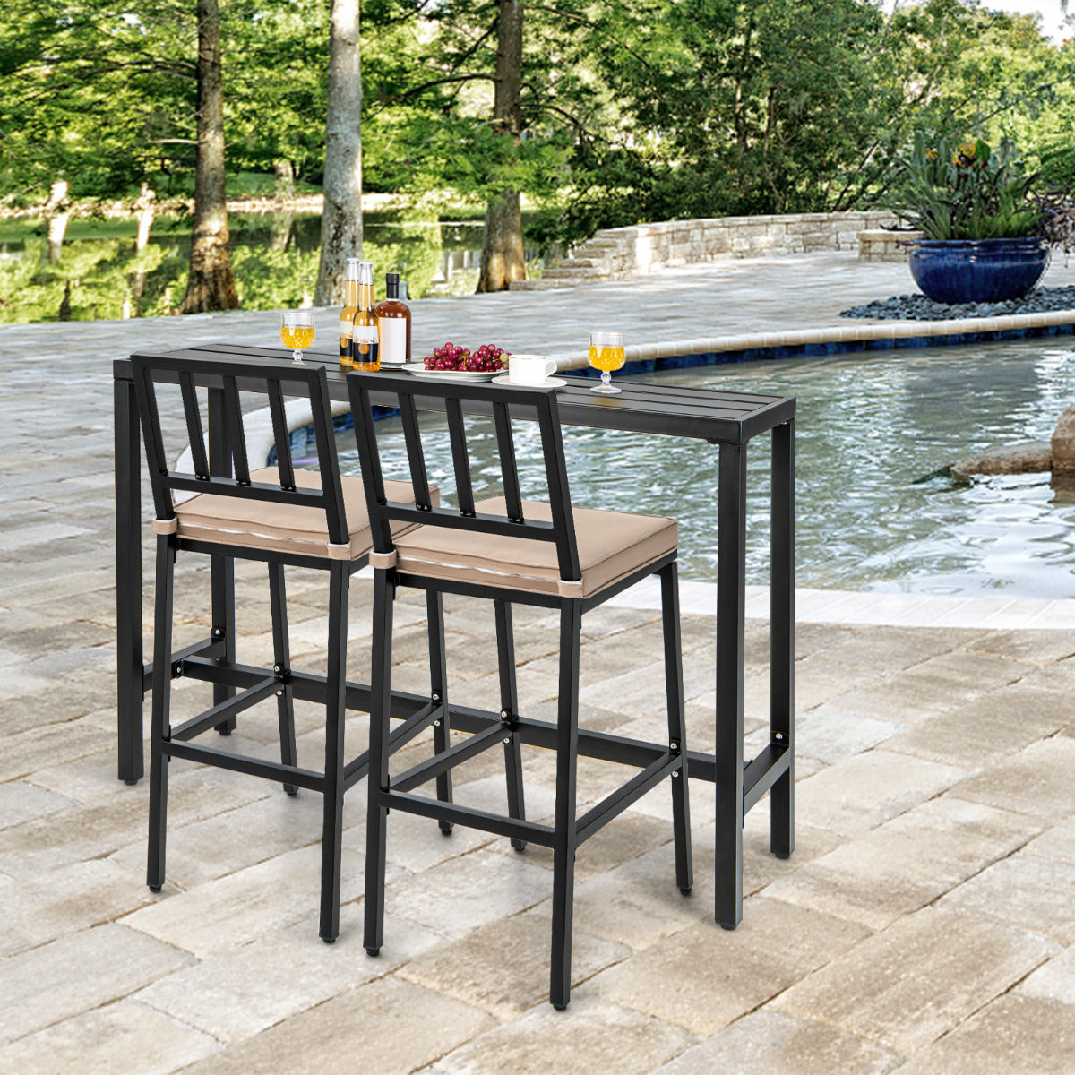 120 cm Rectangular Counter Height Hot Tub Table and 2 Bar Stools with Cushions-Black