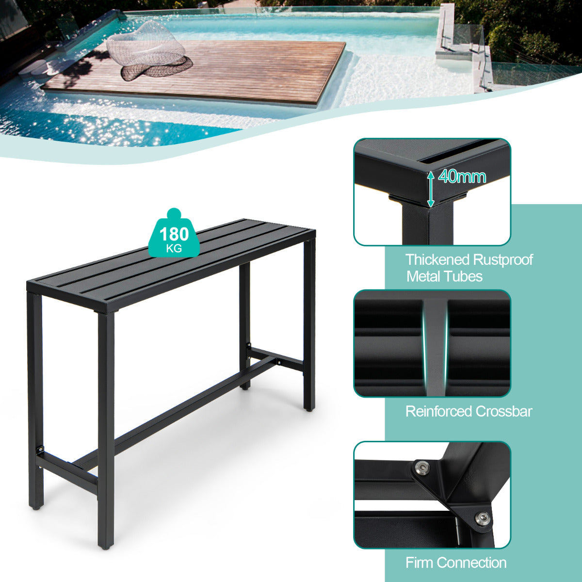120 cm Rectangular Counter Height Hot Tub Table and 2 Bar Stools with Cushions-Black