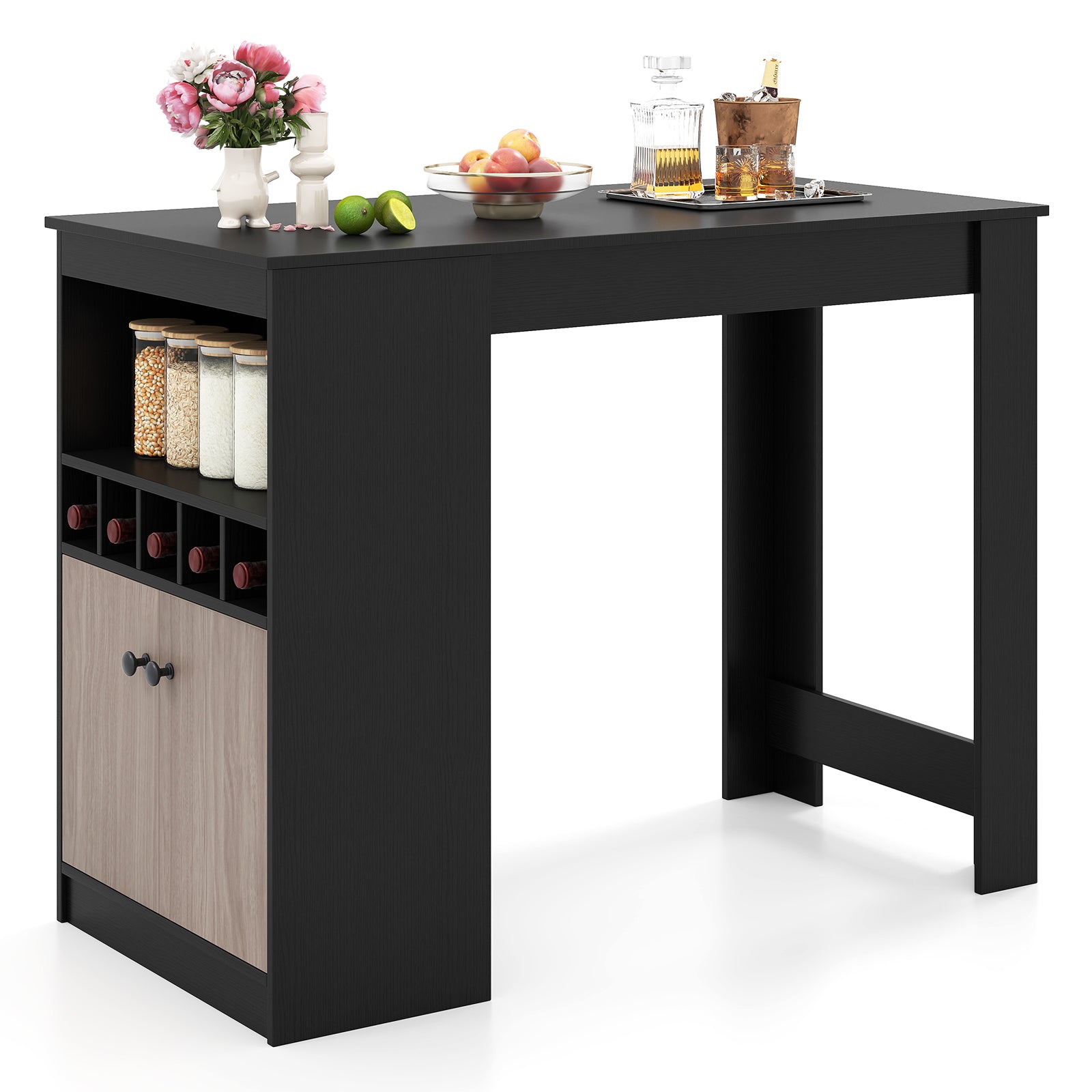 120cm Bar Table with Storage Cabinet Kitchen Counter Height Dining Table-Black & Grey