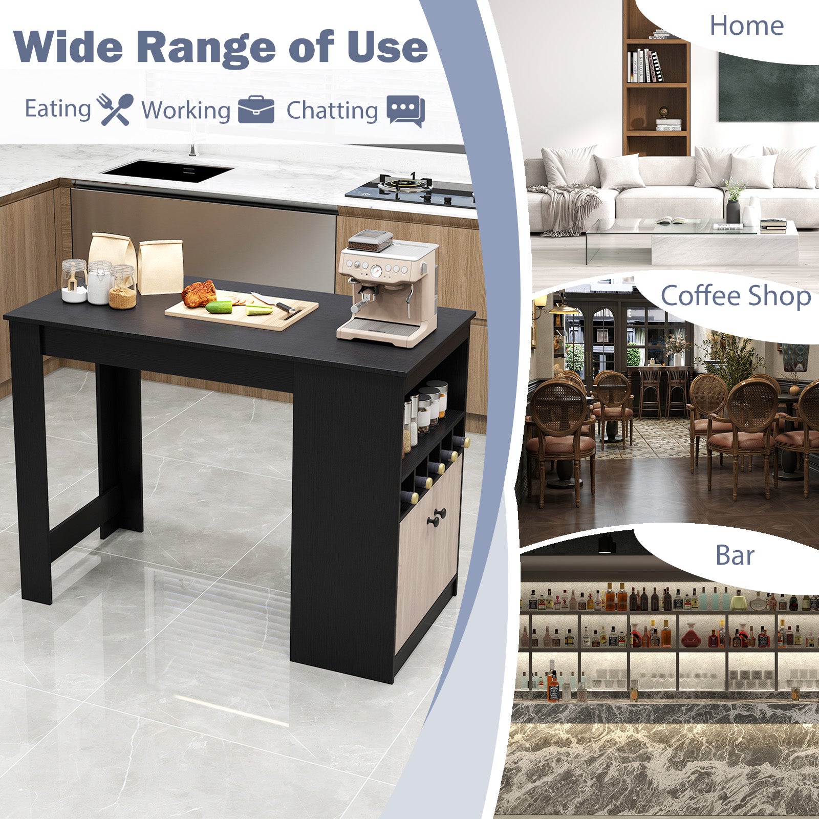 120cm Bar Table with Storage Cabinet Kitchen Counter Height Dining Table-Black & Grey