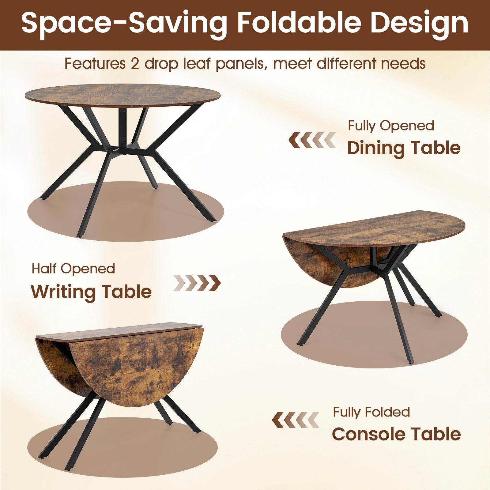 120cm Folding Dining Table with Drop Leaves-Coffee