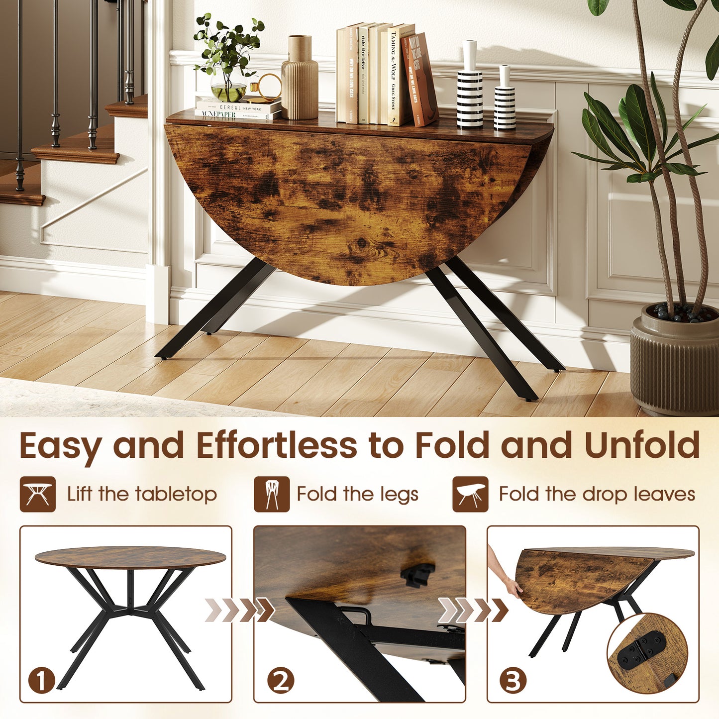 120cm Folding Dining Table with Drop Leaves-Coffee