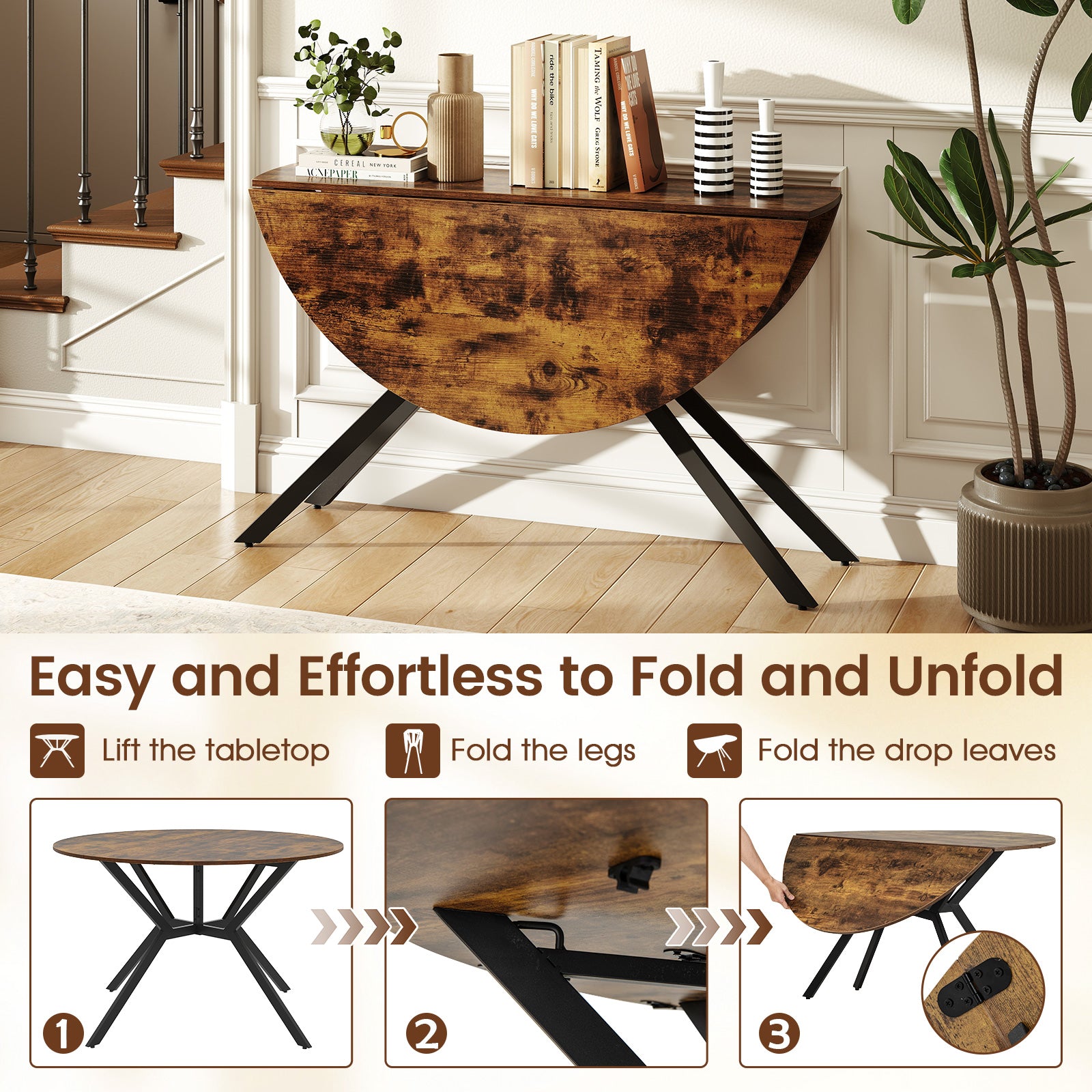 120cm Folding Dining Table with Drop Leaves-Coffee