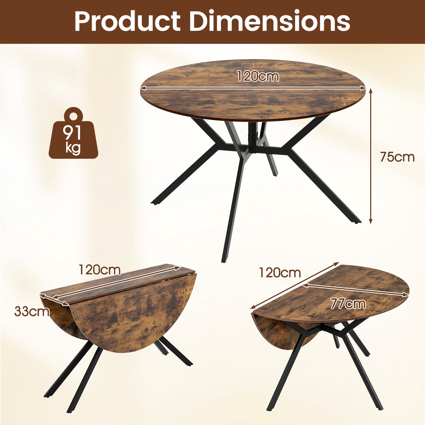 120cm Folding Dining Table with Drop Leaves-Coffee