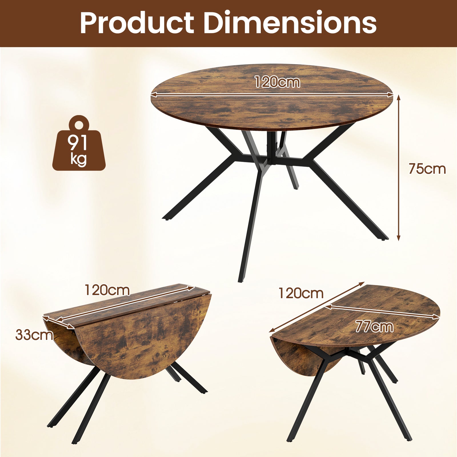120cm Folding Dining Table with Drop Leaves-Coffee