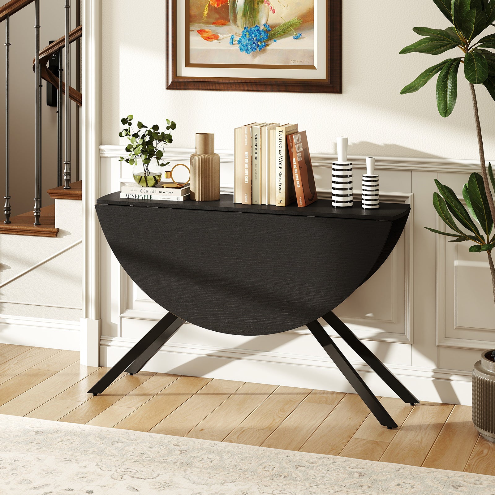 120cm Folding Dining Table with Drop Leaves-Black