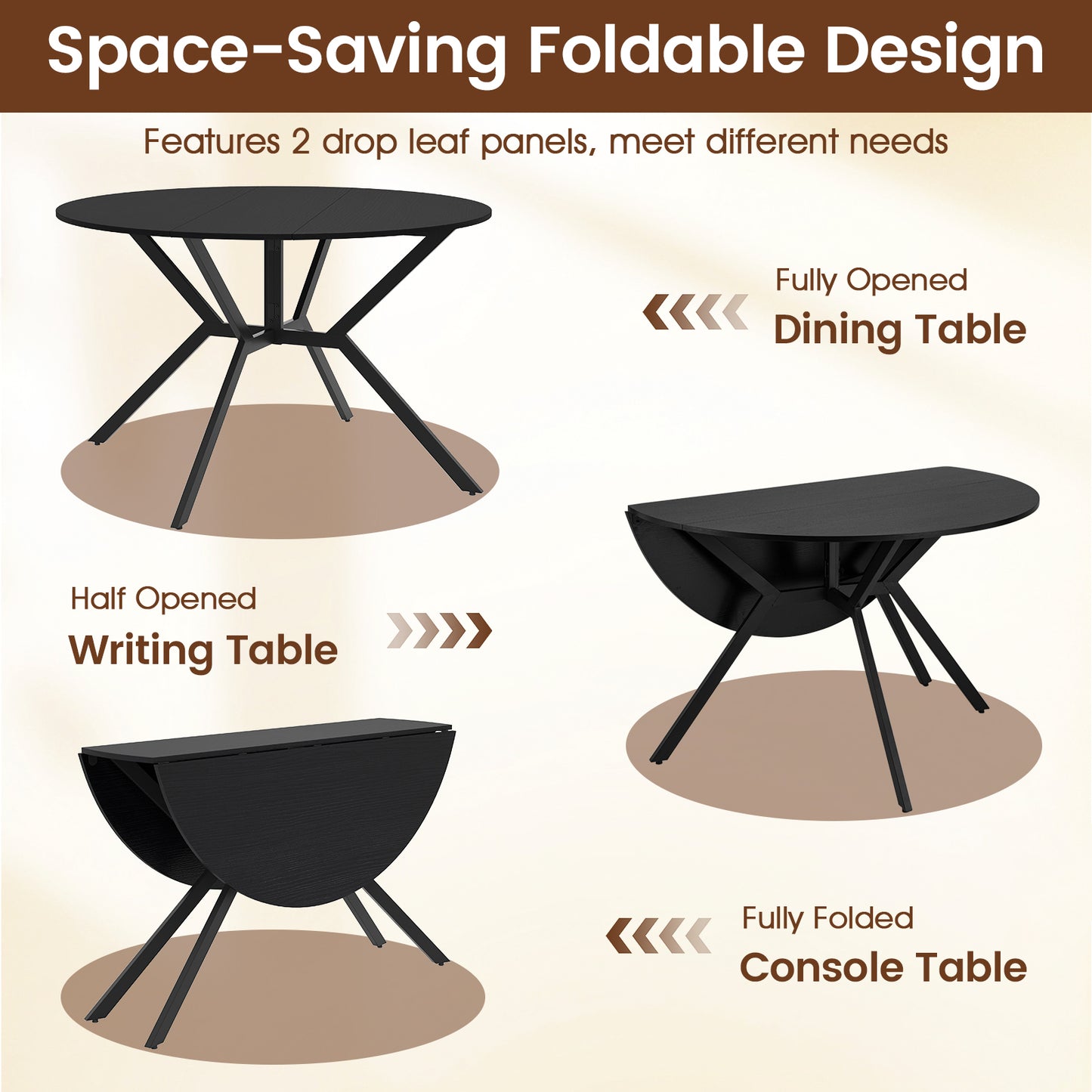 120cm Folding Dining Table with Drop Leaves-Black